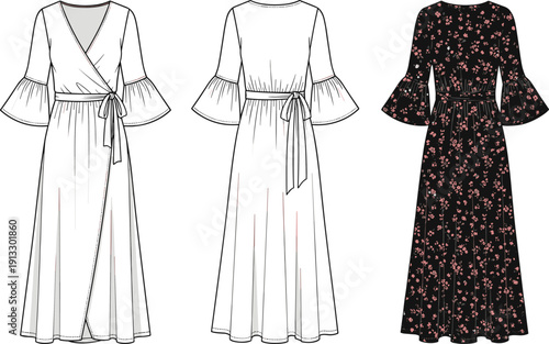 Women's V Neck Bell Sleeve Wrap Maxi Dress Technical Sketch, Front and Back View, CAD Drawing Flat Vector Illustration Template