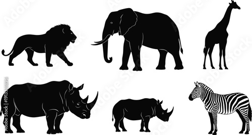 African wildlife silhouettes set, lion elephant giraffe zebra rhinoceros collection, safari animals illustration, black nature fauna design