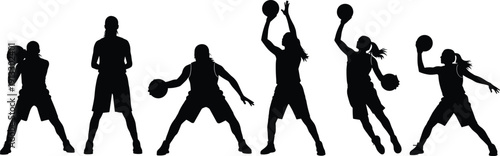 Basketball player silhouettes set, dribbling shooting poses, female athlete action collection, sports activity illustration, isolated fitness training design