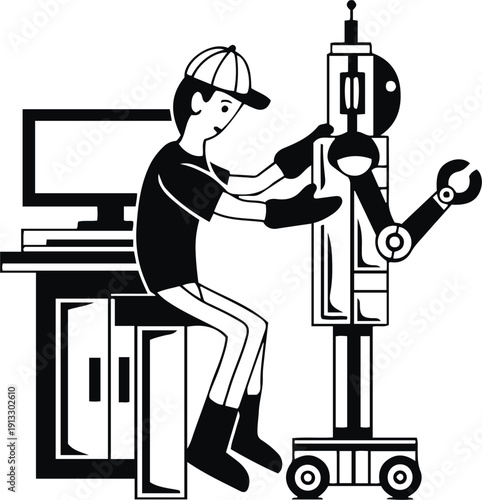 Human programming industrial robot machine technology concept art