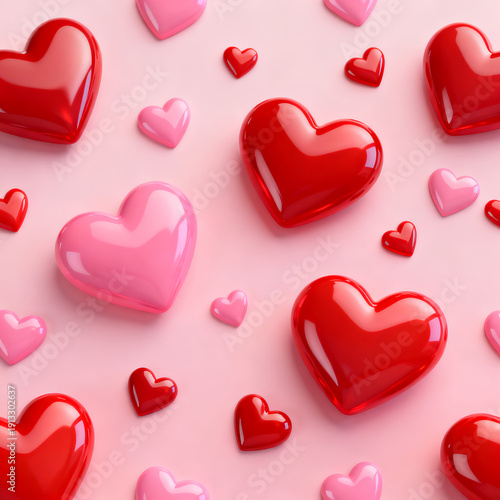 Scattered Red And Pink Glossy Heart Shapes

