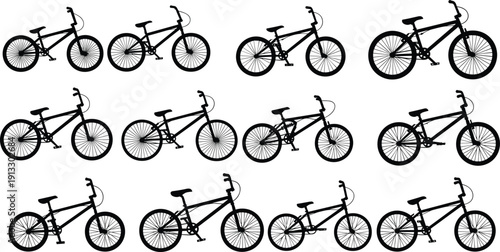 Bicycle silhouettes collection, mountain bike set, cycling transport illustration, sports equipment icons, black bike designs, isolated vector pack