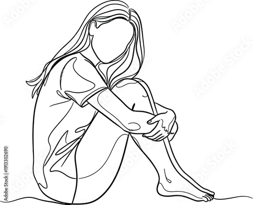 Vector illustration of a sad girl sitting isolated on transparent background