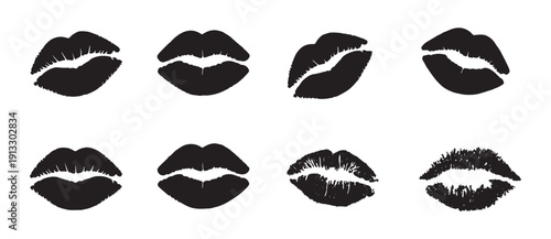 Red lipstick kiss marks collection in seamless scattered layout, romantic lip print pattern ideal for beauty, valentine themes, fashion designs, and modern decorative graphics. 