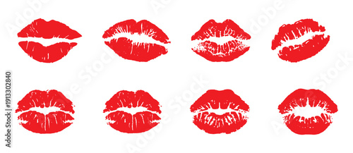 Red lipstick kiss marks collection isolated on white background featuring sexy lips prints for beauty makeup branding valentines romance fashion advertising seamless vector illustration design set