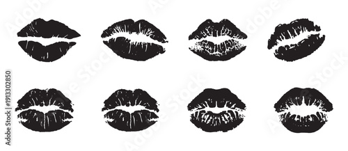 Red lipstick kiss marks collection isolated on white background featuring sexy lips prints for beauty makeup branding valentines romance fashion advertising seamless vector illustration design set