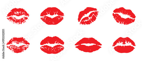 Red lipstick kiss marks collection in seamless scattered layout, romantic lip print pattern ideal for beauty, valentine themes, fashion designs, and modern decorative graphics. 