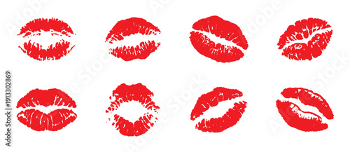 Red Lipstick Kiss Marks and Heart Shape Set, Love and Romance Vector Illustration