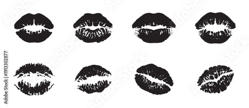 Different lipstick prints of women lips on white background