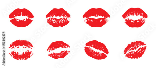 Red Lipstick Kiss Marks and Heart Shape Set, Love and Romance Vector Illustration