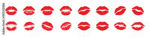Different lipstick prints of women lips on white background