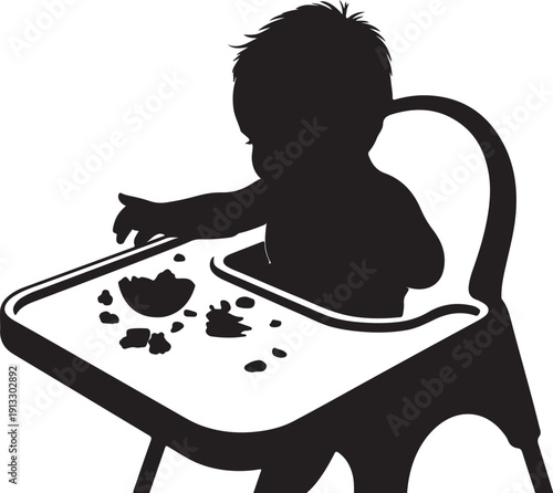 Baby Sitting in High Chair Eating Food – Black and White Silhouette Vector Illustration