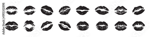 Set of red lipstick kiss marks on white background. Romantic lip print collection for love, passion, and beauty themes. Perfect vector design for Valentine’s Day and cosmetic art.”
