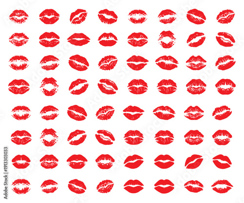 Red lipstick kiss marks set, isolated on white, love concept, Valentine’s Day, romantic symbols, beauty, fashion, vector illustration, digital, greeting design