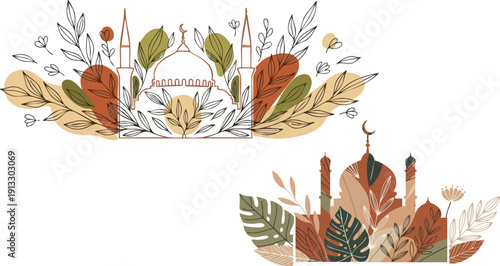 Beautiful Islamic mosque architecture framed by stylized autumnal botanical elements