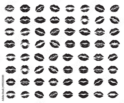 Red lipstick kiss marks set, isolated on white, love concept, Valentine’s Day, romantic symbols, beauty, fashion, vector illustration, digital, greeting design