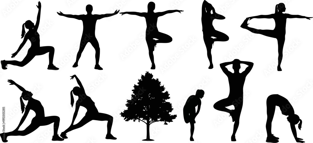 Obraz premium Silhouettes of people performing various yoga poses with a tree
