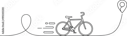 Minimalist Continuous Line Art Drawing of a Bicycle Riding Towards a Map Location Pin Pointer Icon for Urban Delivery and GPS Navigation Concept Design