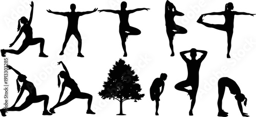 Silhouettes of people performing various yoga poses with a tree