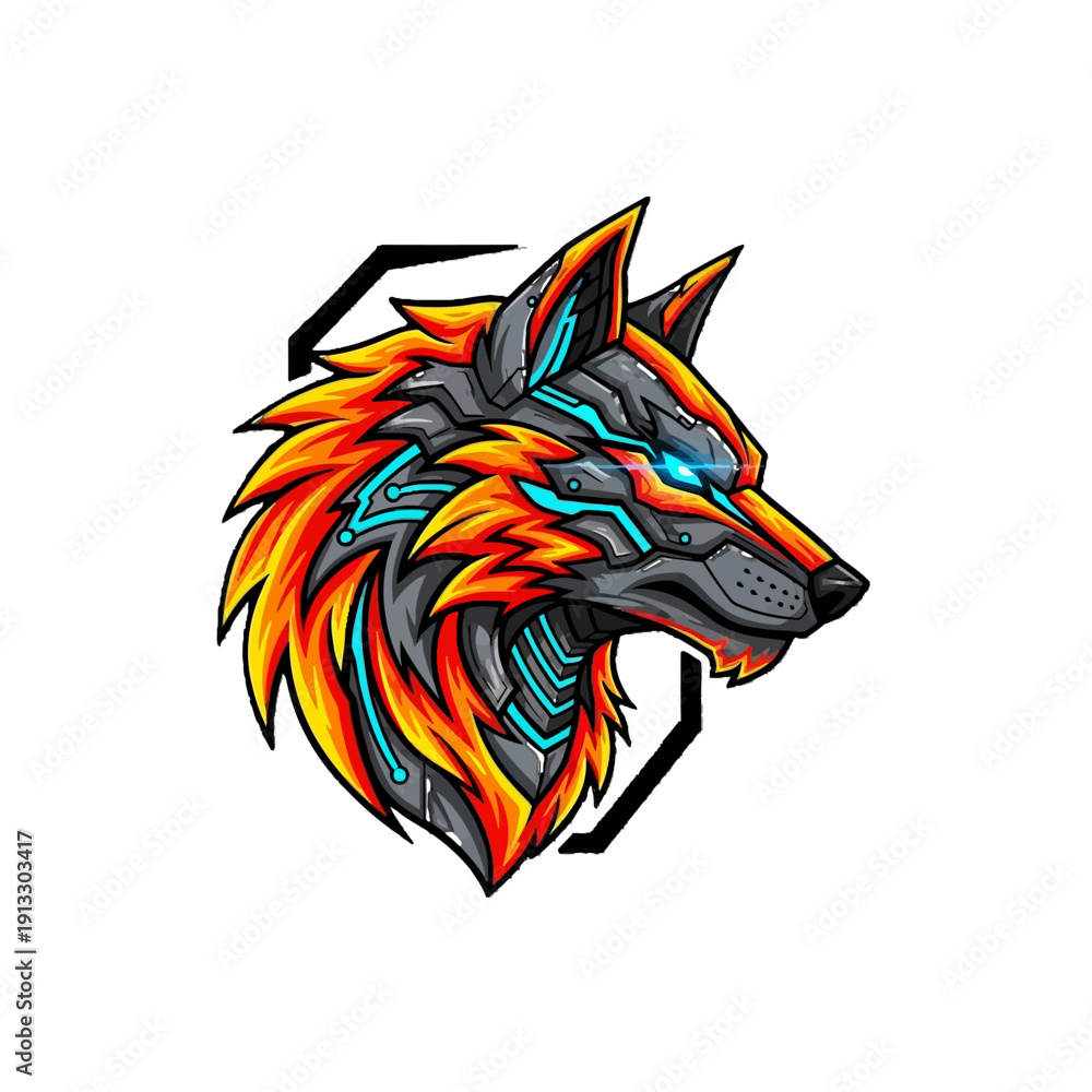 Fototapeta Modern Geometric Wolf Head with Cybernetic Details and Vibrant Orange Blue Colors, Futuristic Animal Mascot Isolated White Background