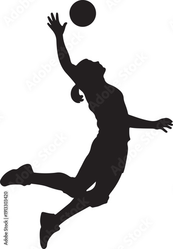 Female Volleyball Player Jumping to Hit Ball – Black and White Silhouette Vector Illustration
