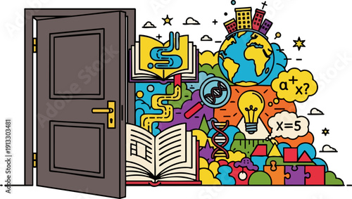 Open door symbolizes knowledge flowing out into the world of possibility