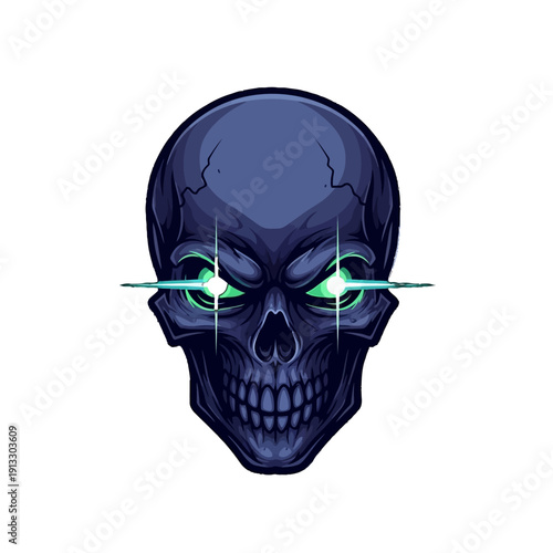 Dark Blue Sci-Fi Skull with Piercing Green Laser Eyes, Futuristic Design on Isolated White Background.
