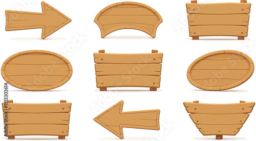 wooden signboard collection vector illustration set featuring rustic wood arrows, boards, and labels for direction, vintage signage design, outdoor wayfinding elements, countryside navigation concept.