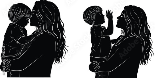 Vector silhouettes of mother and child isolated on transparent background