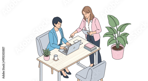 Vector illustration of female leaders empowering each other in a modern office