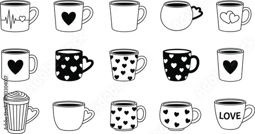 Coffee mug collection, heart love cup designs, romantic drinkware set, valentine illustration, decorative beverage mugs, isolated vector pack
