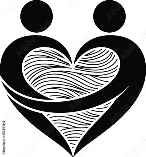 Minimalist black and white vector silhouette of two figures embracing to form a heart shape representing love compassion charity partnership and emotional support