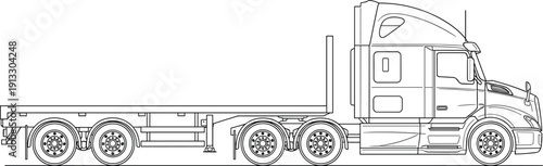 Modern heavy duty semi truck with flatbed trailer technical line art vector illustration for logistics freight transport and commercial shipping industry design concepts