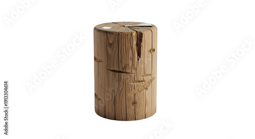 Foto Rustic wooden tree stump stool or side table with natural grain and cracks, isol