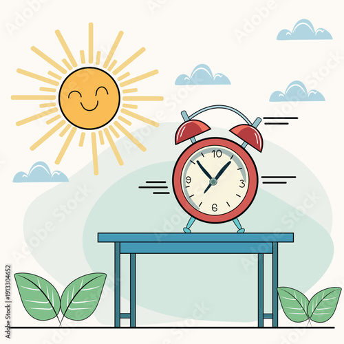 Alarm clock leaping off table with sun rays spring forward Daylight Savings vector