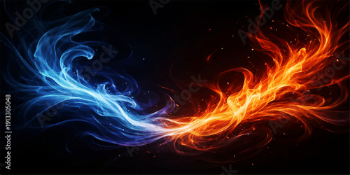 An abstract vector design of burning fiery flames creates a hot orange and red inferno texture with powerful energy against a dark black background