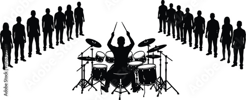 Drummer performing on stage silhouette, live music concert scene, drum kit player, audience crowd, band performance illustration design