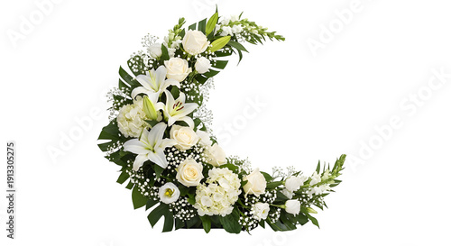 Quadro su tela Crescent moon shape floral arrangement with white flowers and greenery isolated