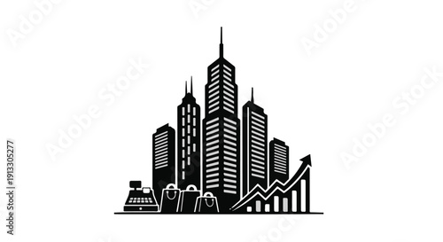 Modern city skyline with skyscrapers and growing graph, urban business district with train, financial growth concept