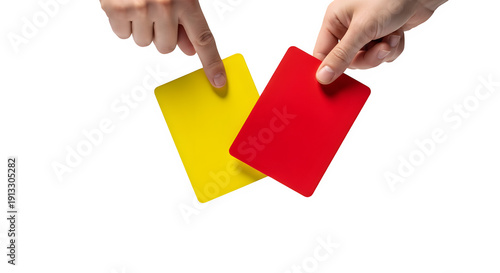 Foto Hands holding yellow and red referee cards for penalty in sport game isolated on