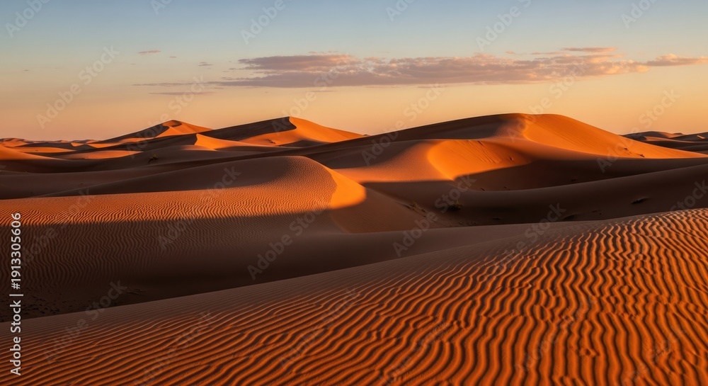 Naklejka premium Golden Sunset Over Sahara Desert Sand Dunes with Rippled Texture and Dramatic Shadows, Erg Chebbi, Morocco
