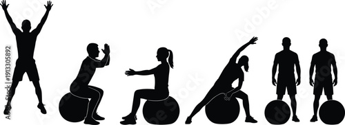 Fitness ball exercise silhouettes, stability workout training poses, gym balance practice illustration set, healthy lifestyle sport activity collection