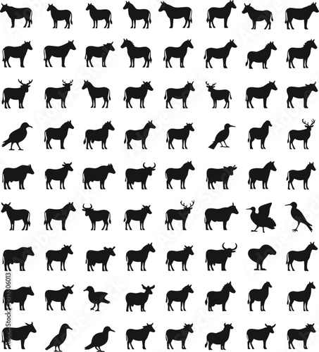 Farm animal silhouettes collection, livestock and poultry vector set, black rural animals icons, agriculture farming illustration isolated bundle
