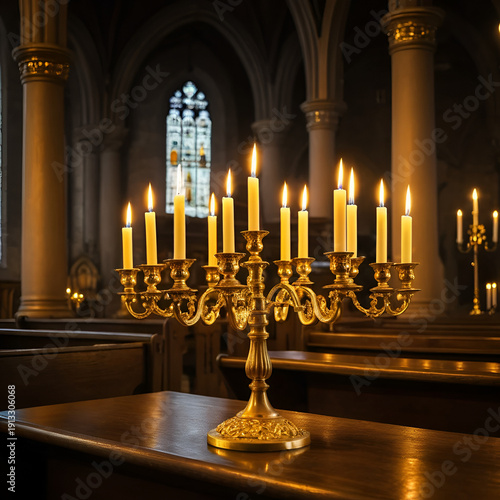 Lit golden candelabra with burning candles in a dimly lit church interior