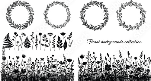 Floral wreath and wildflower silhouettes collection, botanical borders and meadow plants illustration set, decorative nature frames, vintage floral design