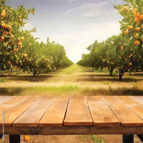 Serene orange grove landscape with rustic wooden table foreground