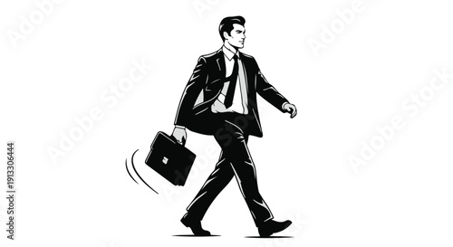 Businessman walking with briefcase in hand, professional man in suit and tie, corporate executive on the go, modern office worker in motion