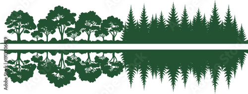 Forest tree silhouettes panorama, pine and deciduous woodland border, nature landscape reflection, green environment illustration, isolated design element