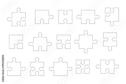 Collection of blank jigsaw puzzle piece outlines isolated on white background vecor