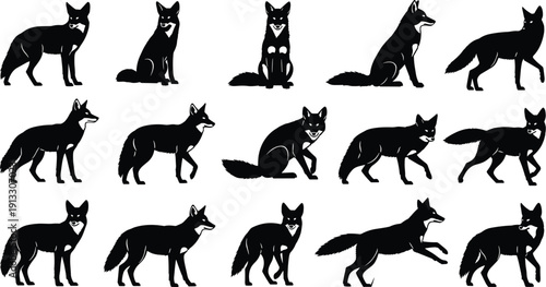 Fox silhouettes collection, wild canine animal poses, forest wildlife illustration, red fox shapes set, isolated vector design pack